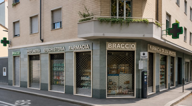 Facciata esterna della Farmacia Braccio a Torino, attualmente in fase di ristrutturazione, con insegna Braccio e Cosmesi Erboristeria Farmacia
