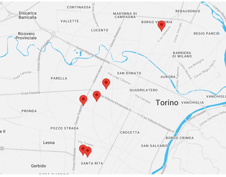 Mappa di Torino con la posizione delle farmacie della rete FarmacieSalute