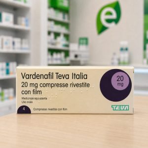 Confezione italiana di Vardenafil Teva Italia 20 mg compresse, il Levitra generico, prenotabile online con ritiro su ricetta