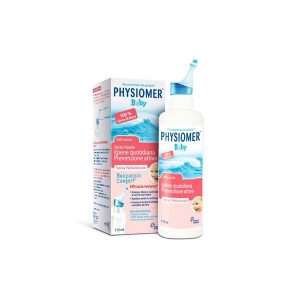 Flacone spray di Physiomer Baby, soluzione di acqua di mare per l'igiene nasale di neonati