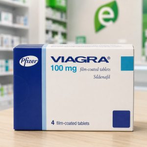 Confezione di Viagra originale Pfizer 100 mg, sildenafil, prenotabile online per il ritiro in farmacia